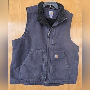 Men's L, Carhartt 104277 Mock-Neck Sherpa-Lined Washed Duck Vest Jacket Gravel